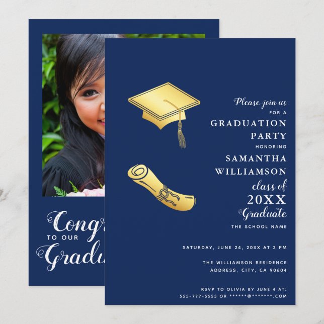 Graduation Navy Blue White Gold Photo Class 2025 Invitation (Front/Back)