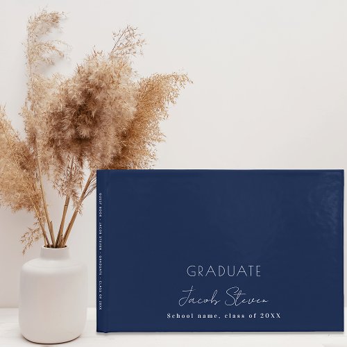 Graduation navy blue white name script minimalist guest book