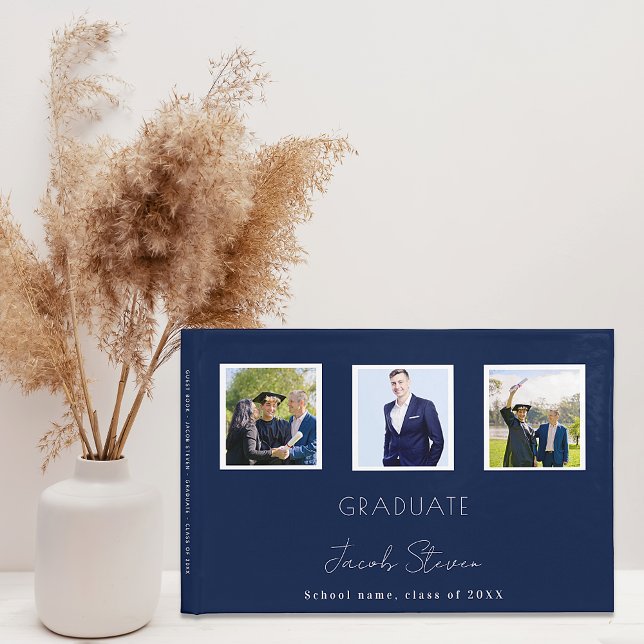 Graduation navy blue white name script photo guest book (Creator Uploaded)