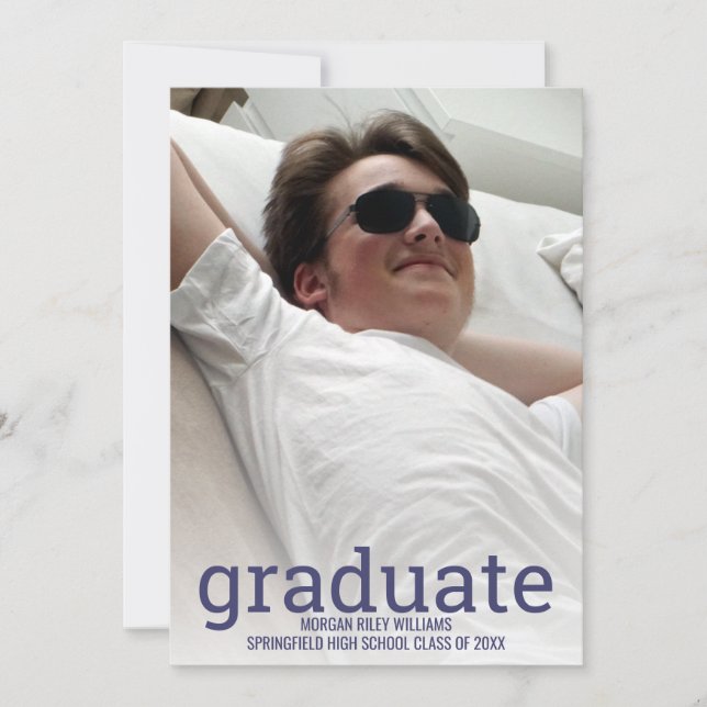 Graduation Navy Blue White Overlay Simple Photo Announcement (Front)