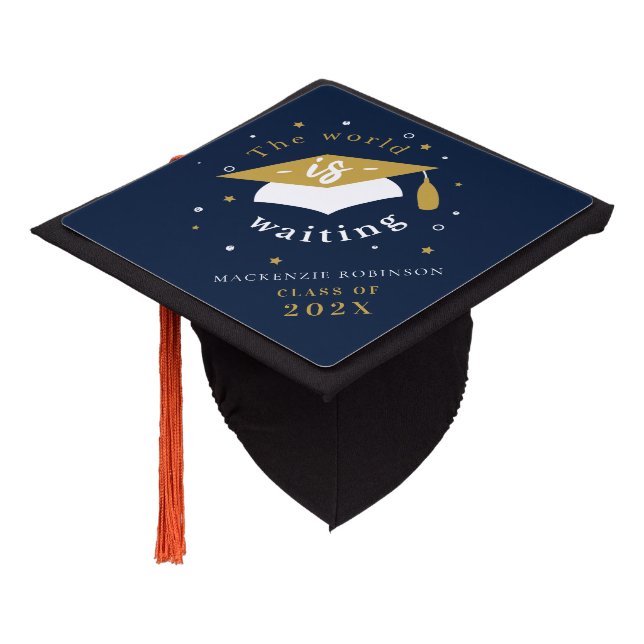Graduation Navy Blue World is Waiting Grad 2025 Graduation Cap Topper (Angled)