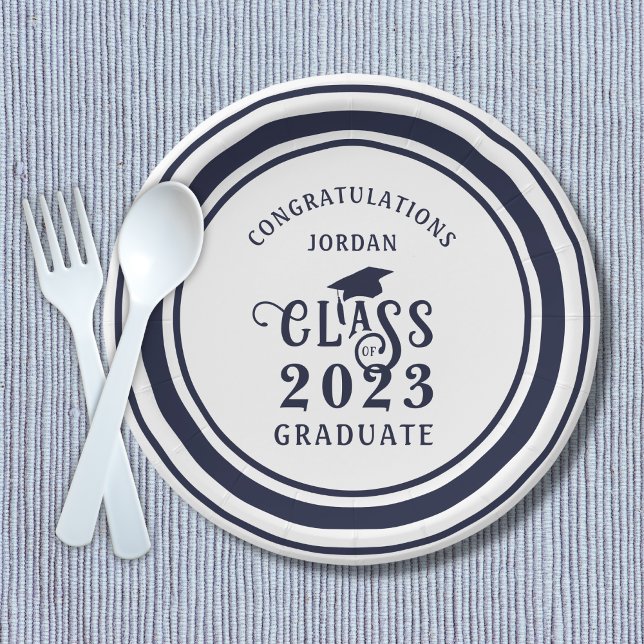 Graduation Navy Blue Year Congrats Name Paper Plates (Creator Uploaded)