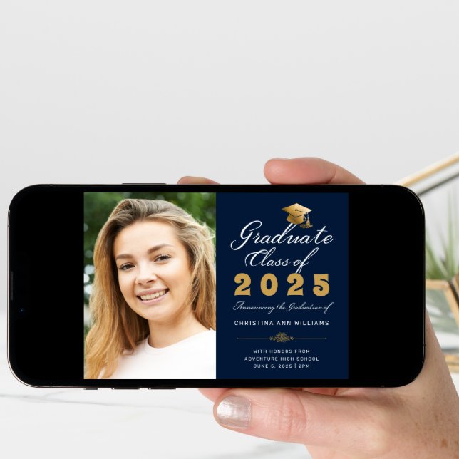 Graduation Navy Gold Script  Class of 2025 Photo Announcement (Front Digital)