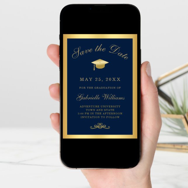 Graduation Navy Gold Script Frame Save the Date Announcement (Front Digital)