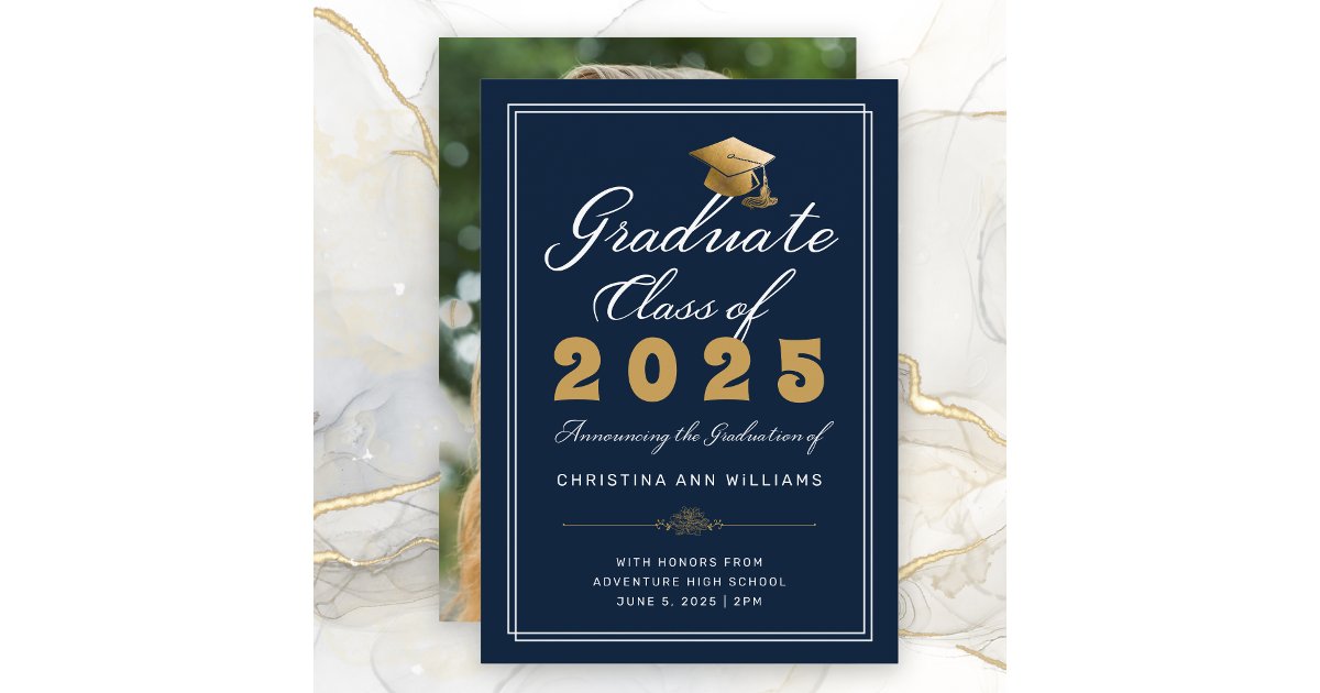 Graduation Navy Gold Script Photo Class of 2025 Announcement | Zazzle