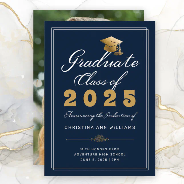 Graduation Navy Gold Script Photo Class of 2025 Announcement | Zazzle