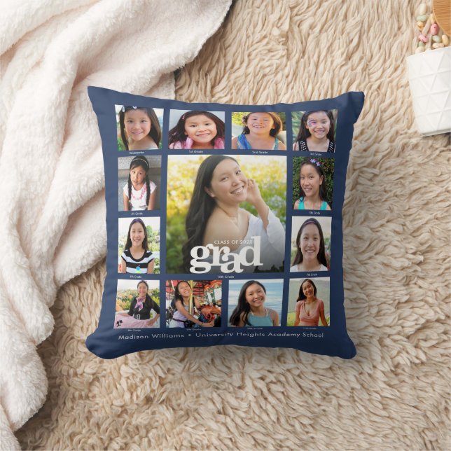 Graduation Navy K–12 Bold Modern Photo Collage Throw Pillow (Blanket)