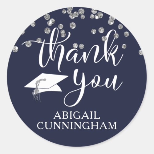 Graduation Navy Silver Confetti Script THANK YOU Classic Round Sticker