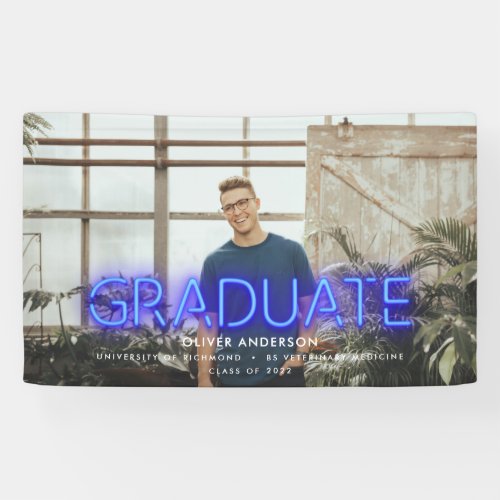 Graduation neon black blue photo modern party banner