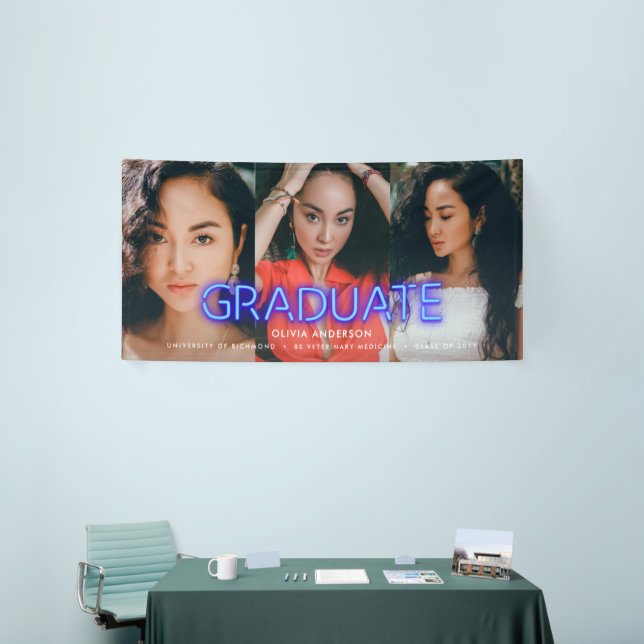 Graduation neon blue multi photo modern party banner (Tradeshow)
