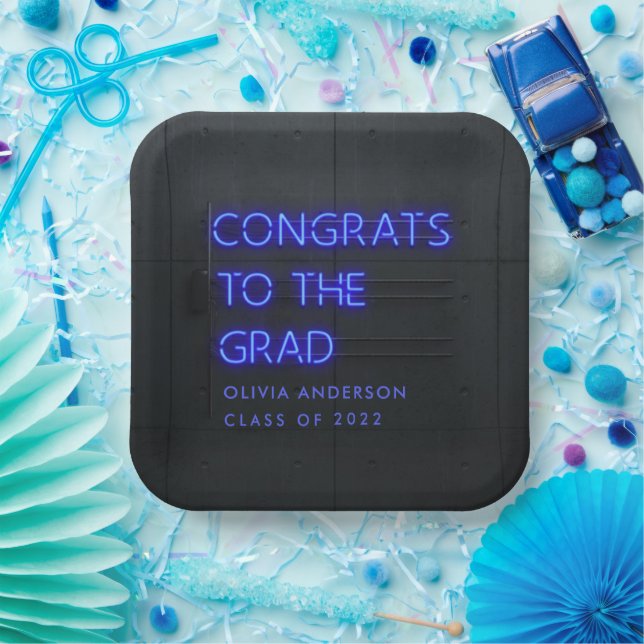 Graduation neon blue typography modern congrats paper plates (Party)