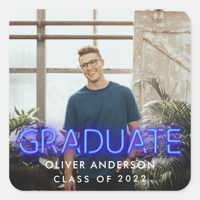 Graduation neon bright blue photo party favor square sticker (Front)