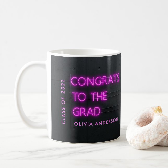 Graduation neon congrats modern stylish pink coffee mug (With Donut)