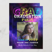 Graduation neon glow middle school grad photo invitation (Front/Back)