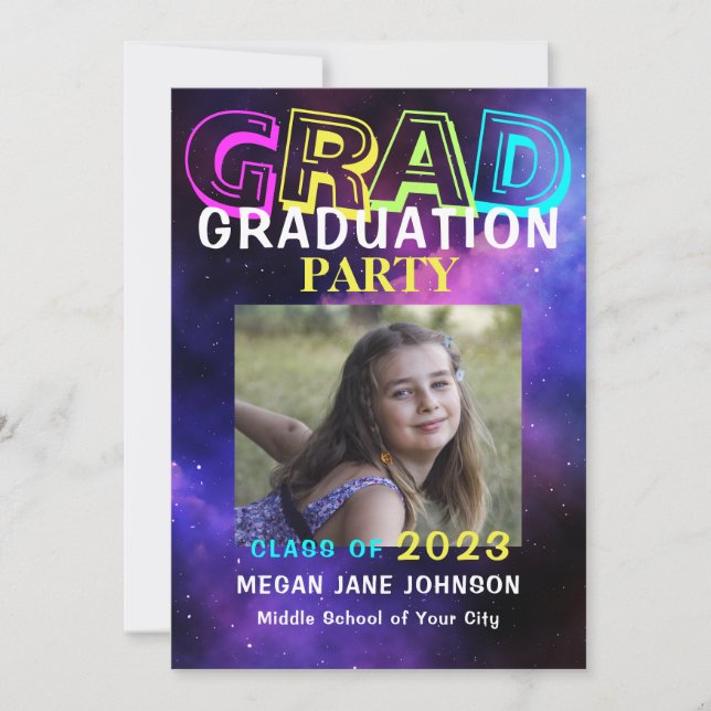 Graduation neon glow middle school grad photo invitation (Front)