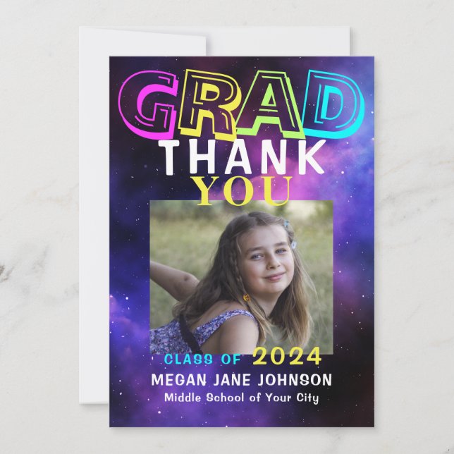 Graduation neon glow middle school grad photo thank you card (Front)