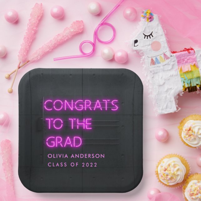 Graduation neon pink typography modern congrats paper plates (Party)