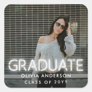 Graduation neon white photo modern congrats square sticker