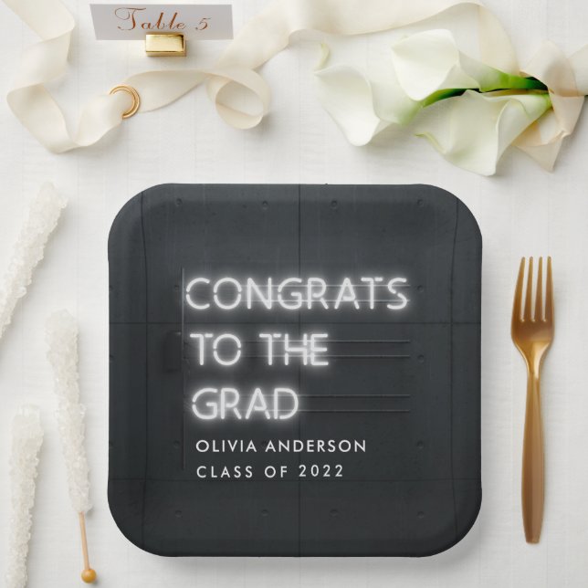 Graduation neon white typography modern congrats paper plates (Wedding)