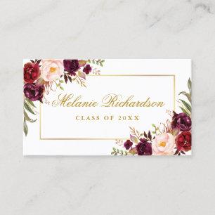Graduation Networking Burgundy Floral Gold Business Card