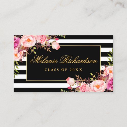 Graduation Networking Gold Pink Floral Striped Business Card