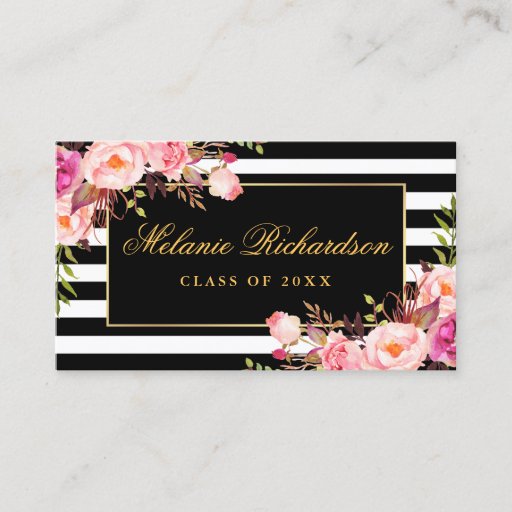 Customizable Graduation Networking Gold Pink Floral Striped Business Card