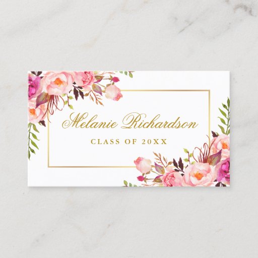 Customizable Graduation Networking Pink Floral Gold Business Card