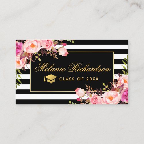 Graduation Networking Pink Floral Gold Striped Business Card