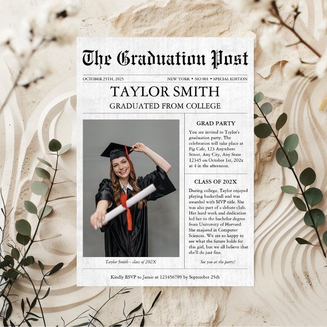 Graduation Newspaper College Unique Invitation (Newspaper Unique Graduation Announcement Card)