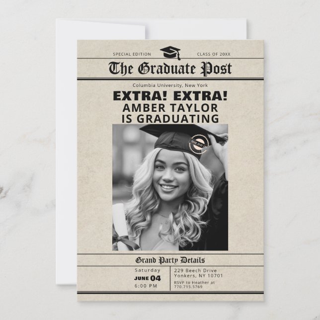 Graduation Newspaper “Extra Extra” B&W Photo Invitation (Front)