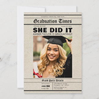 Graduation Newspaper She Did It Photo Invitation