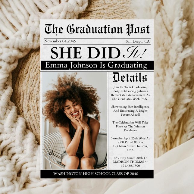 Graduation Newspaper Unique Fun Custom Photo 2026 Invitation (Creator Uploaded)
