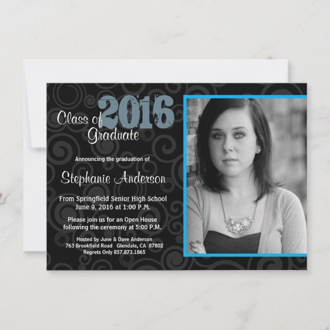 Graduation Open House Retro Swirls Blue Invite (Front)