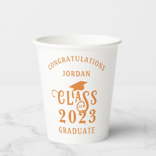 Graduation Orange Class Year Congrats Name Paper Cups