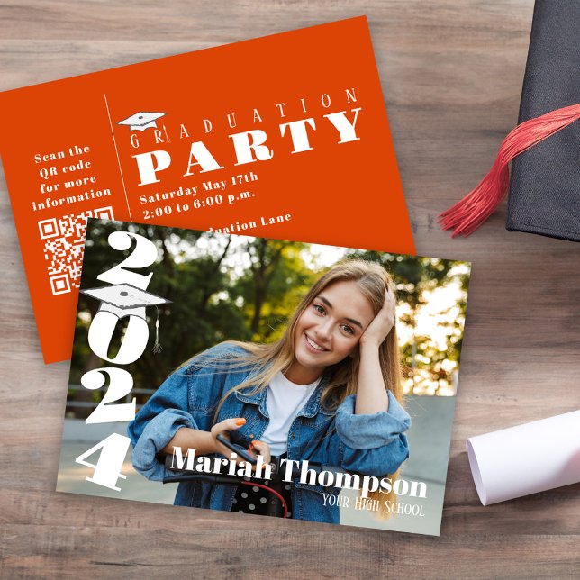 Graduation Orange Photo Simple Class Of 2023 QR Invitation (Graduation bold and bright modern style photo invitation. )