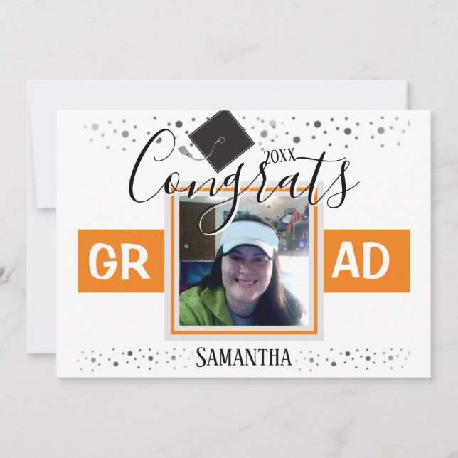 Graduation Orange single square photo Invitation (Front)