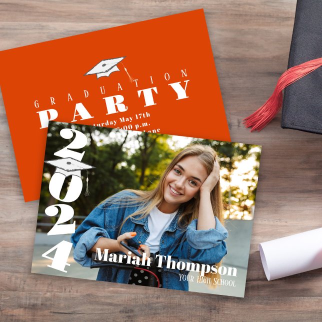 Graduation Orange Typography Photo Class Of 2023  Invitation (Graduation invitation announcement card with orange school colors. )