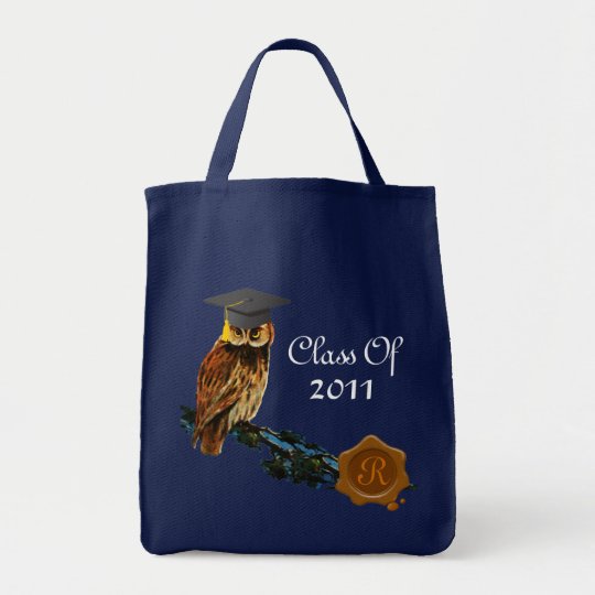 GRADUATION OWL AND BROWN WAX SEAL MONOGRAM TOTE BAG