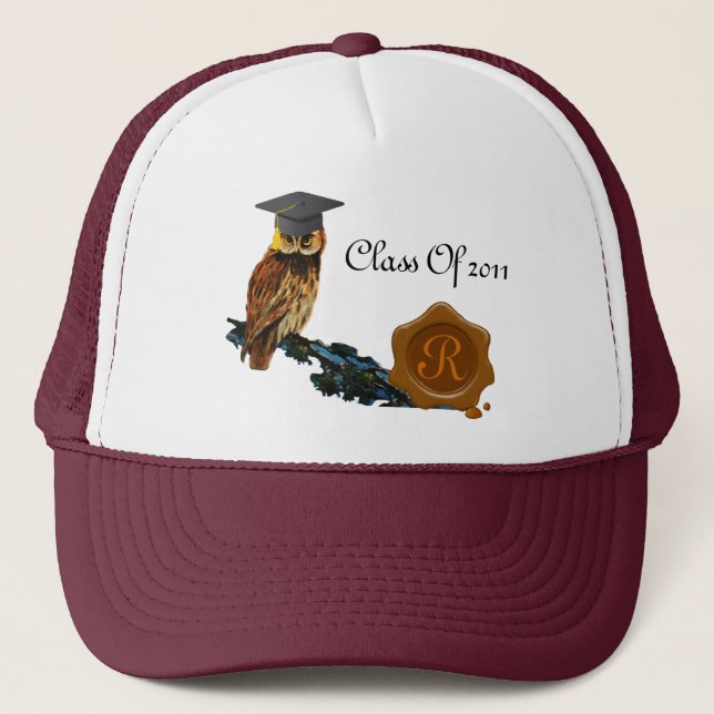GRADUATION OWL  AND BROWN WAX SEAL MONOGRAM TRUCKER HAT (Front)