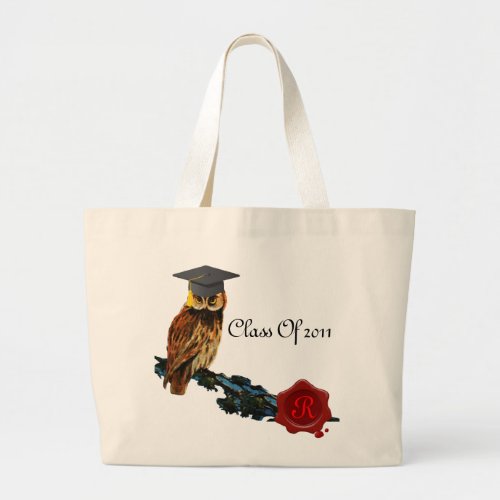 GRADUATION OWL  AND RED WAX SEAL MONOGRAM LARGE TOTE BAG