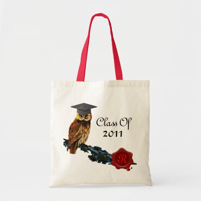 GRADUATION OWL  AND RED WAX SEAL MONOGRAM TOTE BAG (Front)