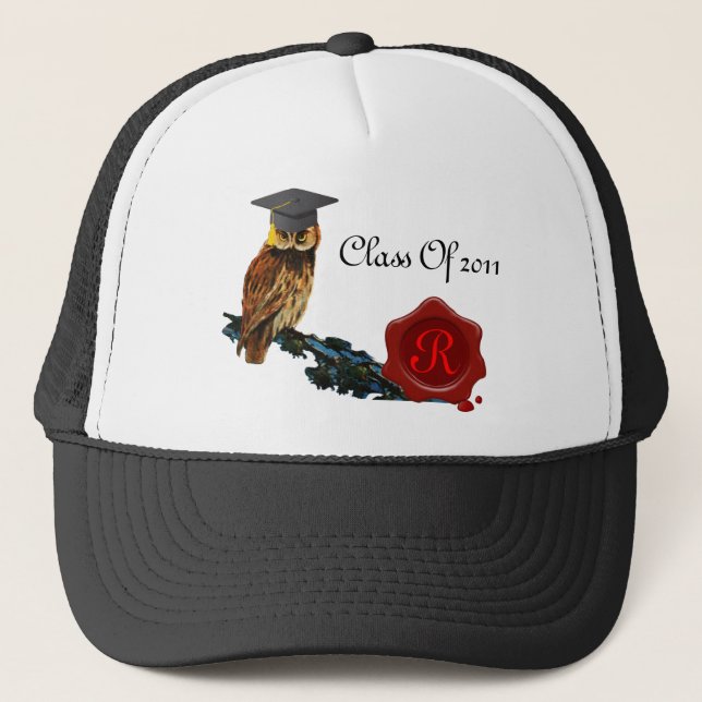 GRADUATION OWL  AND RED WAX SEAL MONOGRAM TRUCKER HAT (Front)