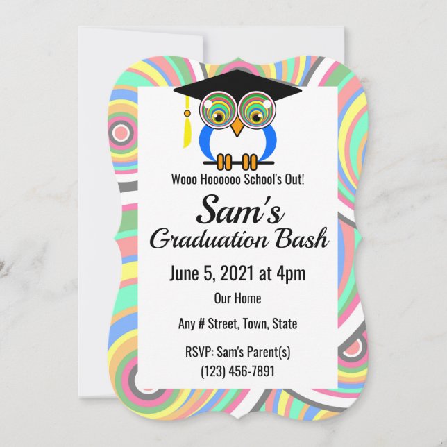 Graduation Owl -  Fun, Colorful, Celebration  Invi Invitation (Front)
