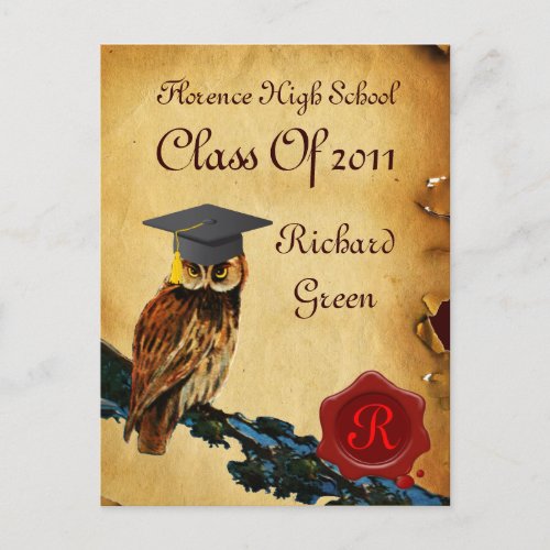 GRADUATION OWL PARCHMENT AND RED WAX SEAL MONOGRAM INVITATION POSTCARD