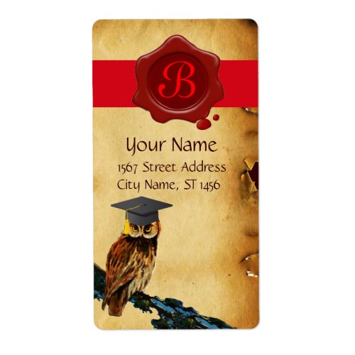GRADUATION OWL PARCHMENT AND RED WAX SEAL MONOGRAM LABEL