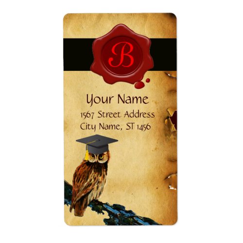 GRADUATION OWL PARCHMENT AND RED WAX SEAL MONOGRAM LABEL