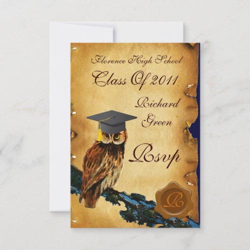 GRADUATION OWL PARCHMENT BROWN WAX SEAL MONOGRAM ANNOUNCEMENT