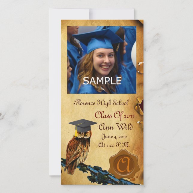 GRADUATION OWL PARCHMENT BROWN WAX SEAL MONOGRAM ANNOUNCEMENT (Front)