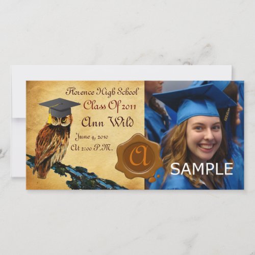 GRADUATION OWL PARCHMENT BROWN WAX SEAL MONOGRAM ANNOUNCEMENT