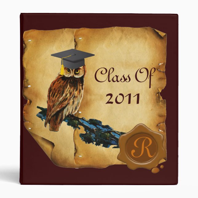 GRADUATION OWL PARCHMENT, BROWN WAX SEAL MONOGRAM BINDER (Front)